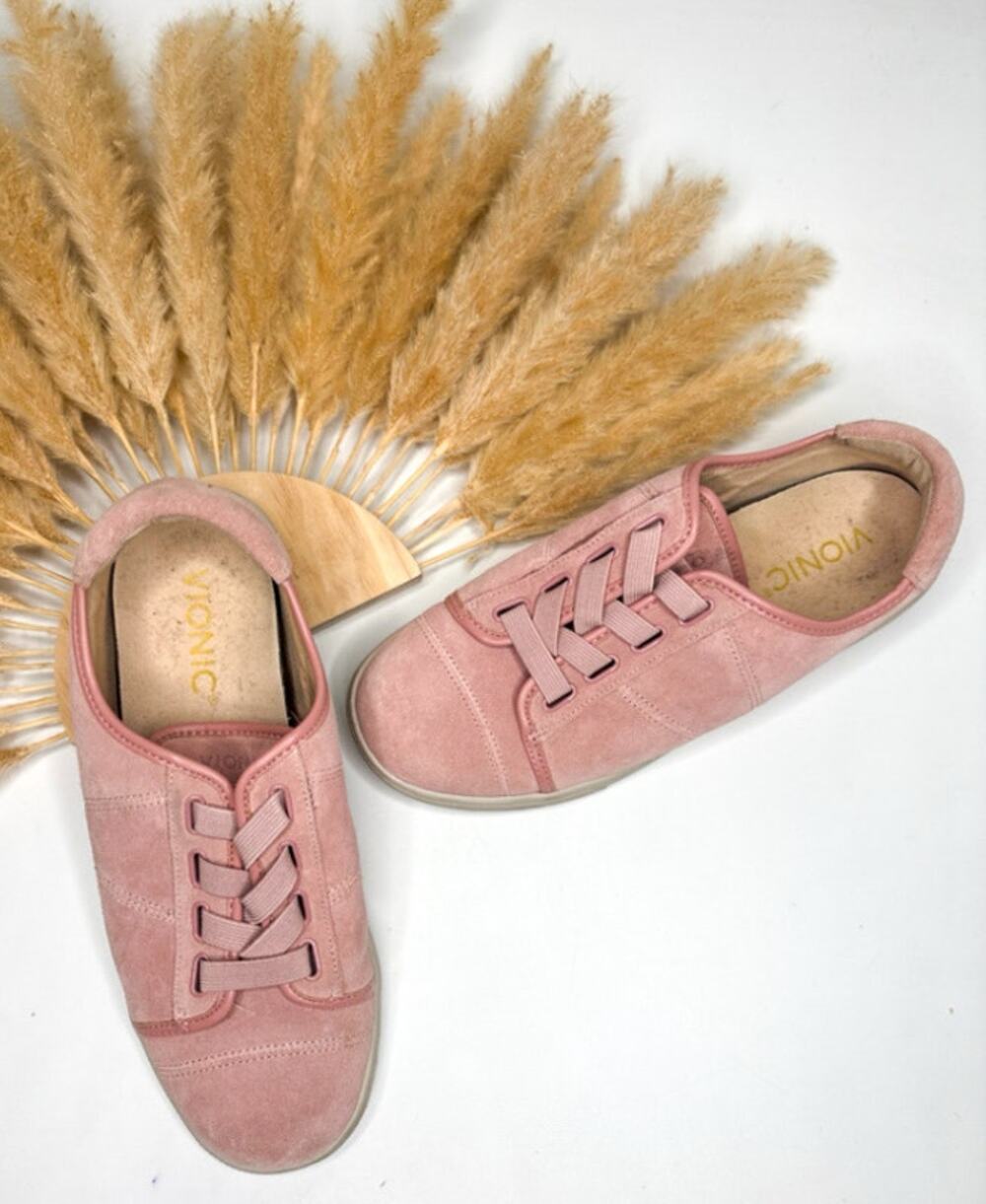 Vionic Jean Pink Suede Sneakers Size 6 Casual Comfort Shoes Elastic Lace Slip On